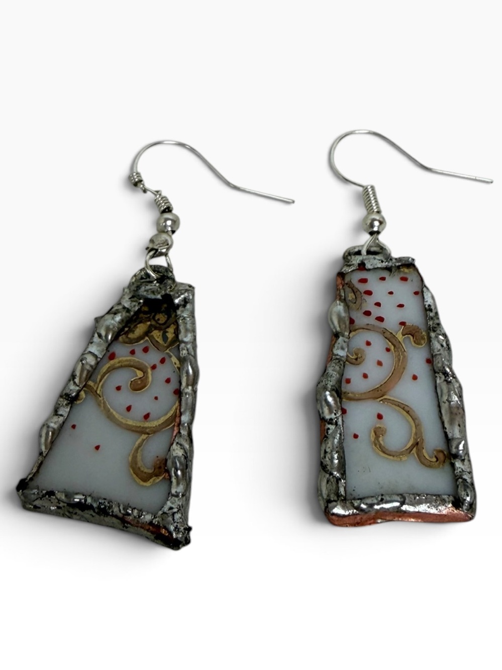 Hand Crafted White, Gold and Red Swirl Stained-Glass Drop Earrings